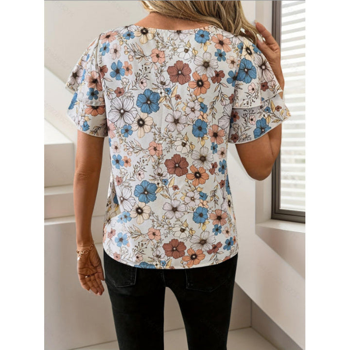 Damen Kurzarm-Bluse mit Volant und floralem Muster Drune