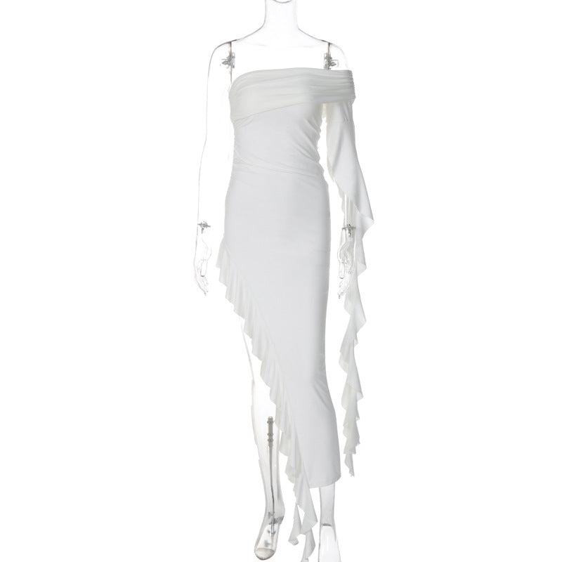 Damen elegantes Wickelkleid mit asymmetrischem Rüschendesign und dekorativem Oberteil Drune