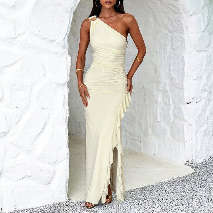 Damen Raffung Maxikleid mit asymmetrischem Ausschnitt und verspieltem Rüschendesign Drune