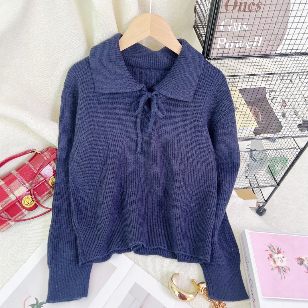 Damen lässiger Pullover mit Polokragen und Kordelzug Drune