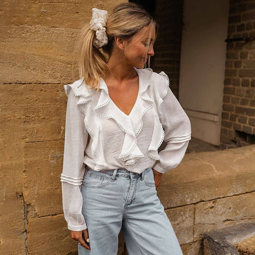 Damen Bluse mit Rüschendetails und elegantem V-Ausschnitt Drune