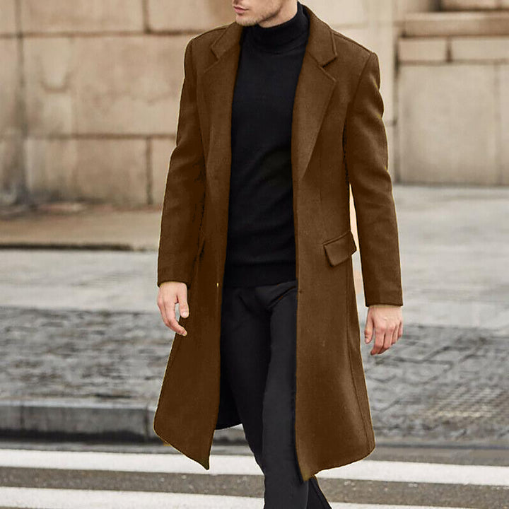 Herren eleganter Langmantel aus hochwertiger Wolle mit praktischem Revers Drune