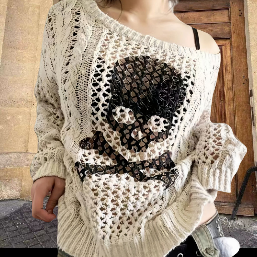 Damen Oversized Strickpullover mit kreativem Lochmuster und Anker-Design Drune