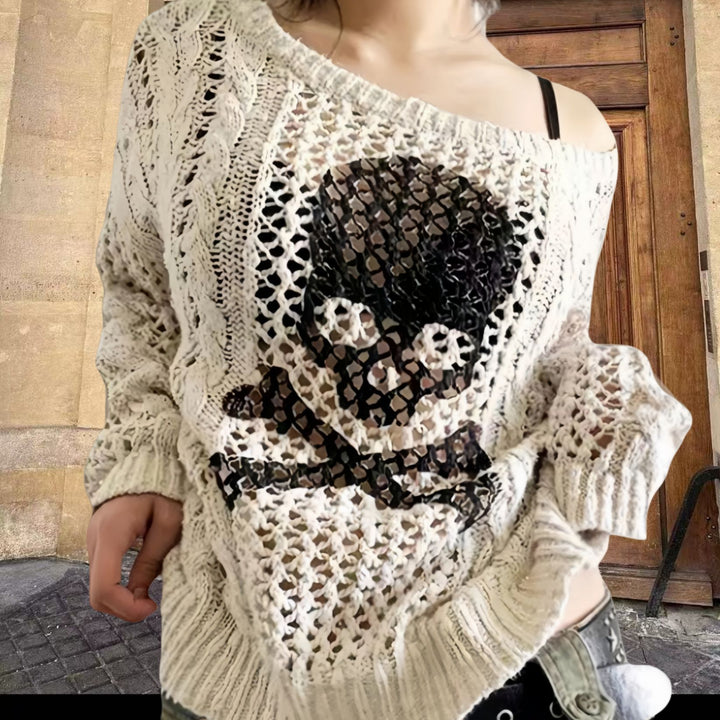 Damen Oversized Strickpullover mit kreativem Lochmuster und Anker-Design Drune