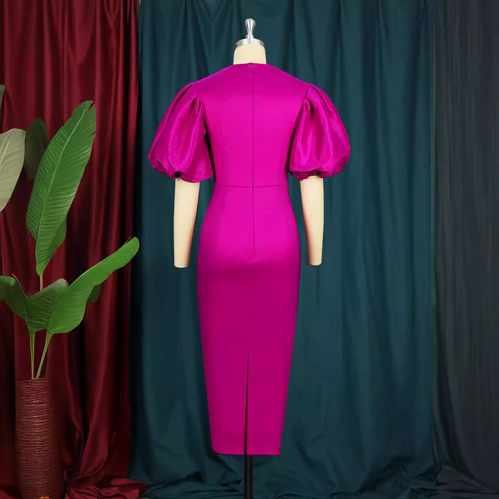 Damen figurbetontes Kleid mit Puffärmeln und Schlüssel-Ausschnitt Drune
