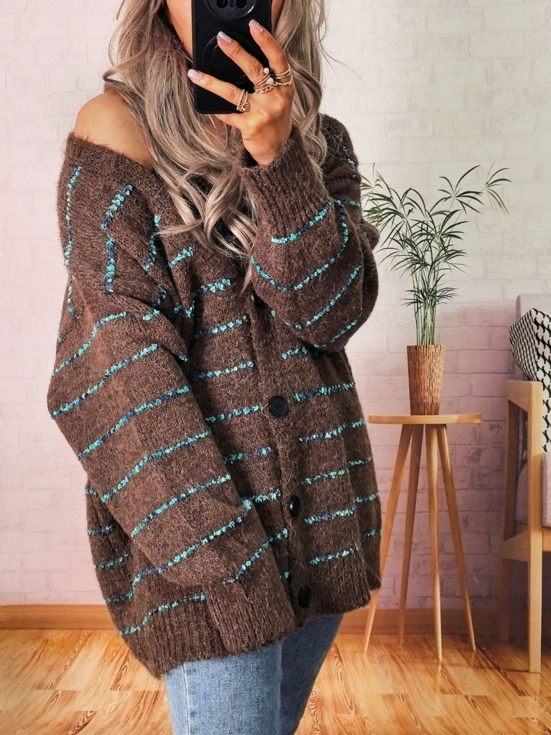 Damen kuschelige Strickjacke mit kontrastierenden Streifen Drune