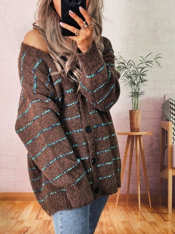 Damen kuschelige Strickjacke mit kontrastierenden Streifen Drune