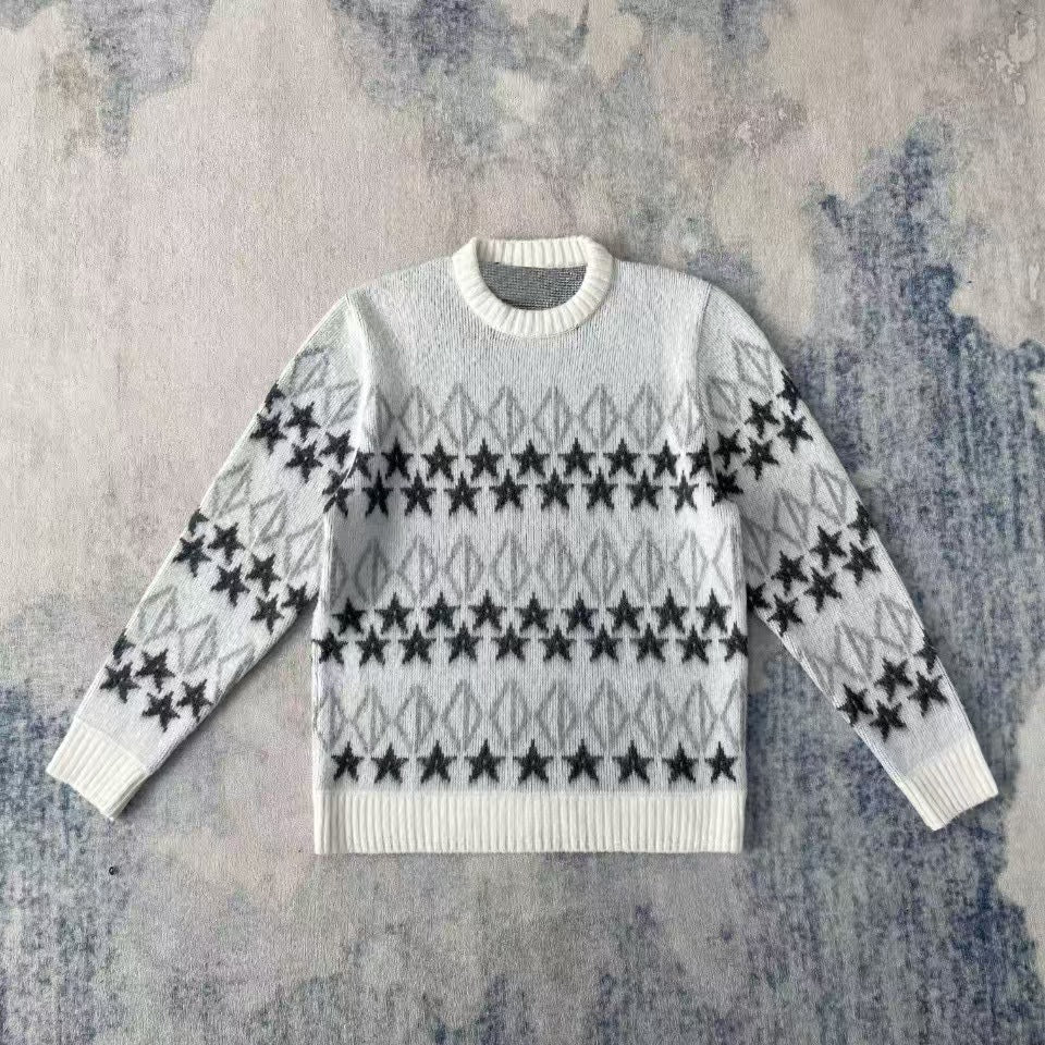 Damen nan melierter Rundhalsausschnittpullover mit kreisförmigem Jacquard-Yoke und geripptem Saum Drune