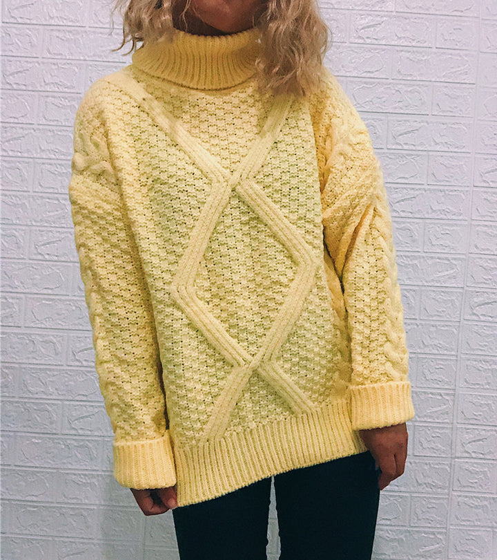 Damen Grobstrickpullover mit modischem Zopfmuster und hohem Kragen Drune