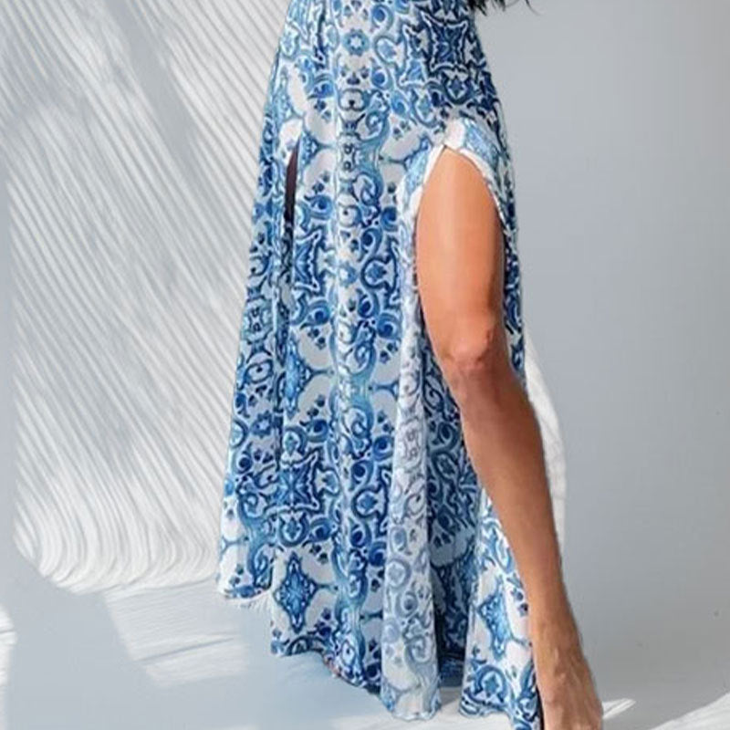 Damen Maxikleid mit seitlichem Schlitz und floralen Ornamenten Drune