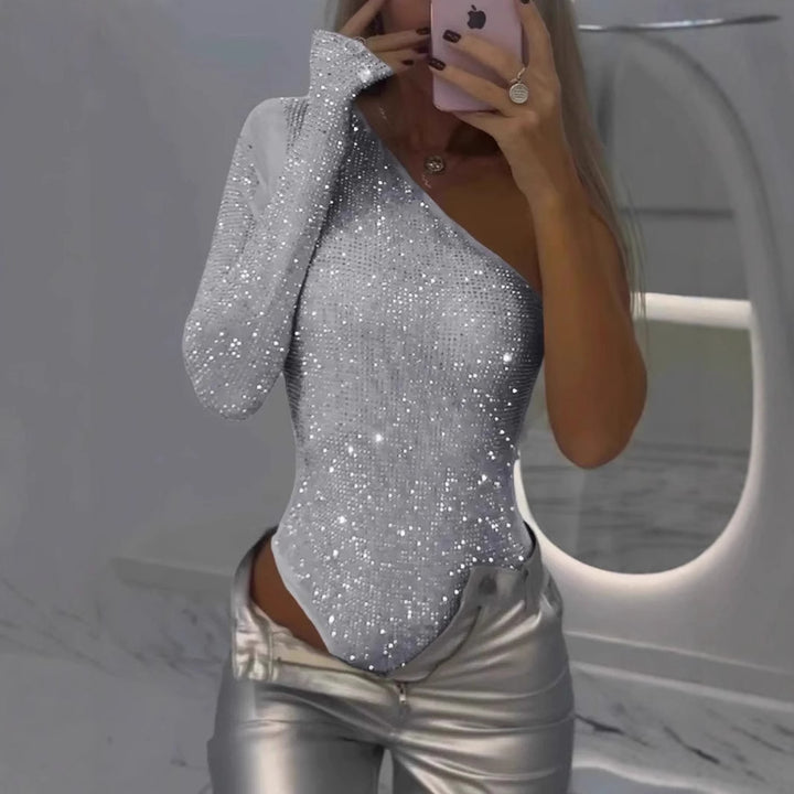 Damen Glitzerndes Langarm-Oberteil mit asymmetrischem Schnitt Drune