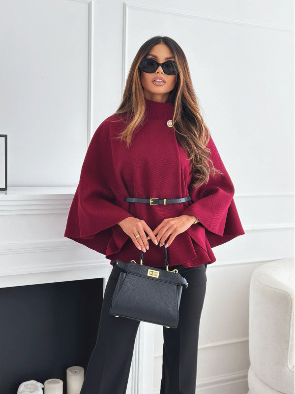 Damen elegante und stylische Kurzbluse mit Gürtel und Poncho-Design Drune