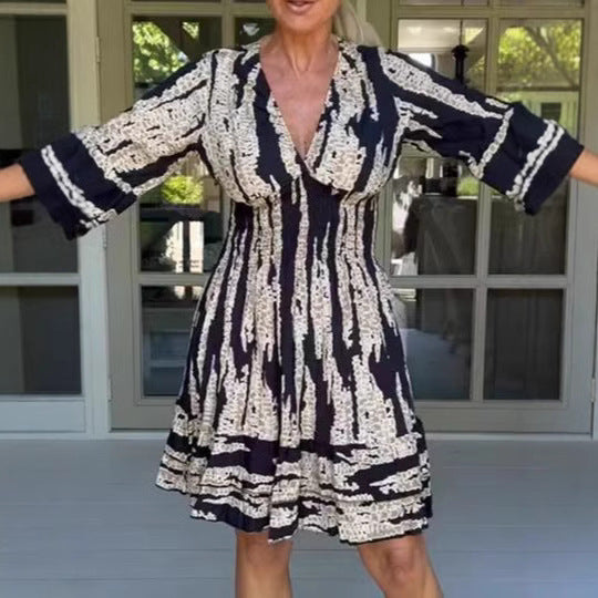 Damen Midikleid mit verspieltem Muster und eleganten 3/4-Ärmeln Drune