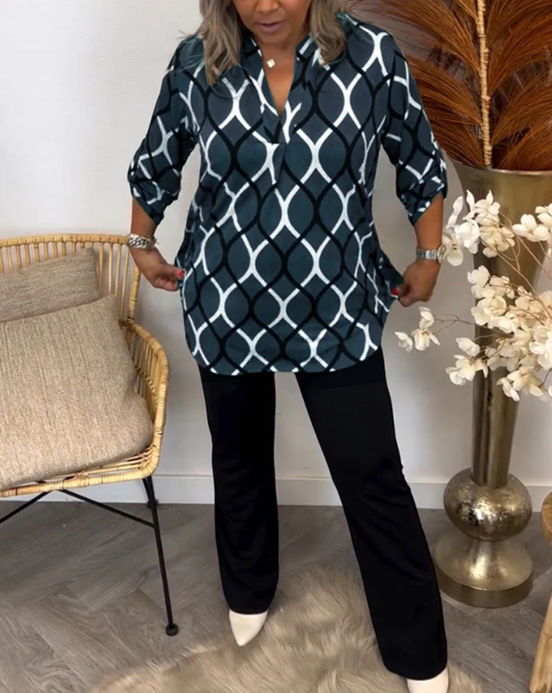 Damen Bluse mit graphischem Muster und seitlichen Taschen Drune