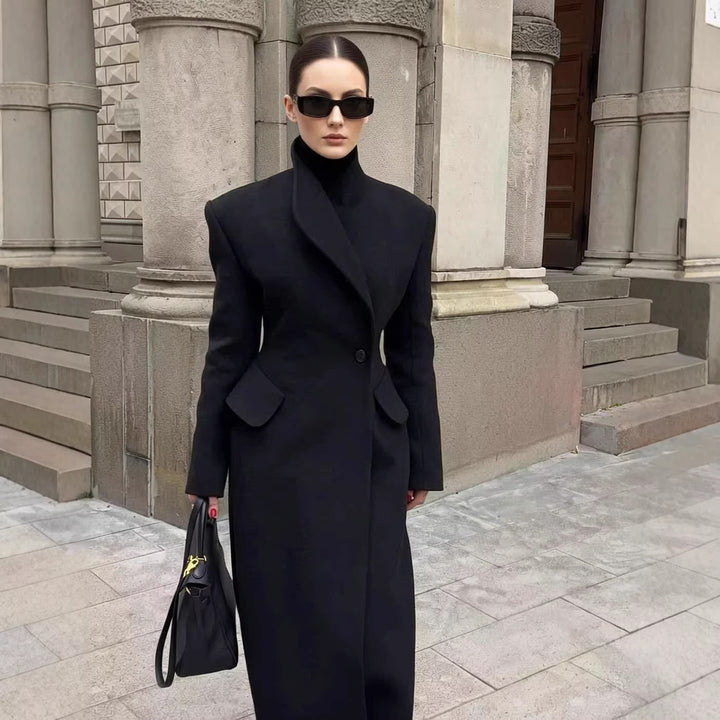Damen nan Maxilanger Wollmixmantel mit taillierter Silhouette, Reverskragen und Pattentaschen Drune