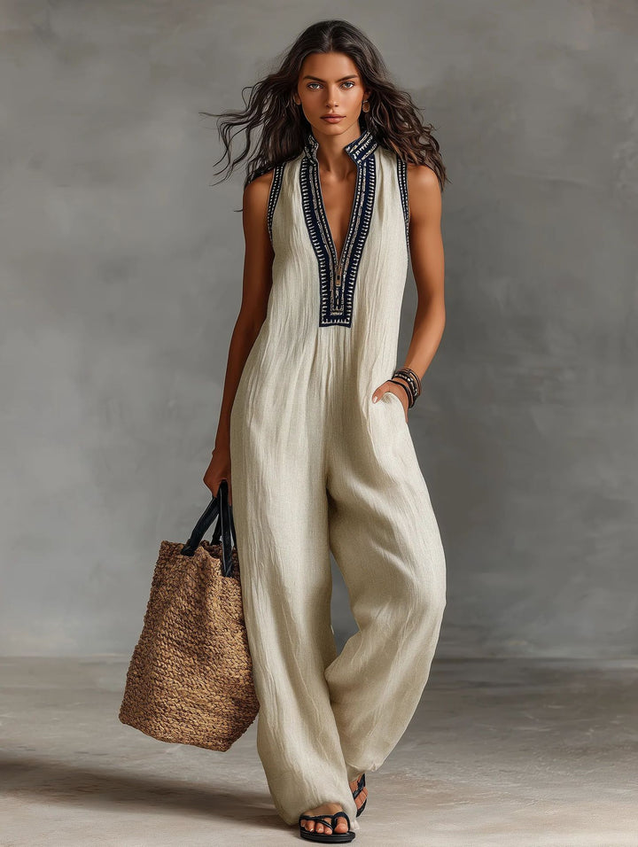Damen luftiger Jumpsuit mit elegantem V-Ausschnitt und besticktem Kragen Drune