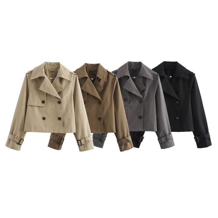 Damen nan kurzes Cropped-Trenchcoat mit doppelreihiger Knopfleiste, aufgesetzter Sturmschürze und verstellbaren Manschetten Drune