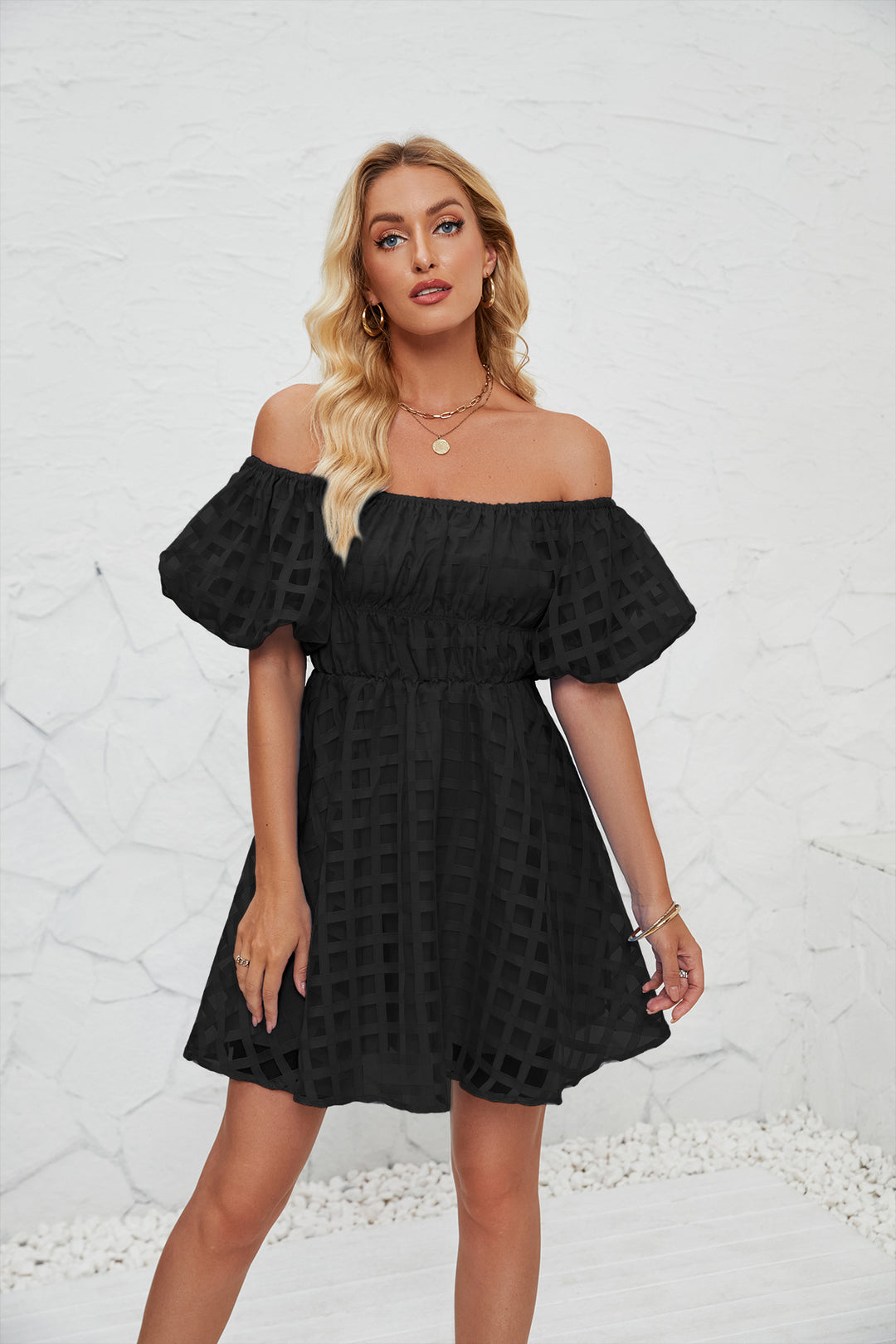 Damen Freizeitkleid im modernen Karomuster mit Puffärmeln und elastischer Taille Drune