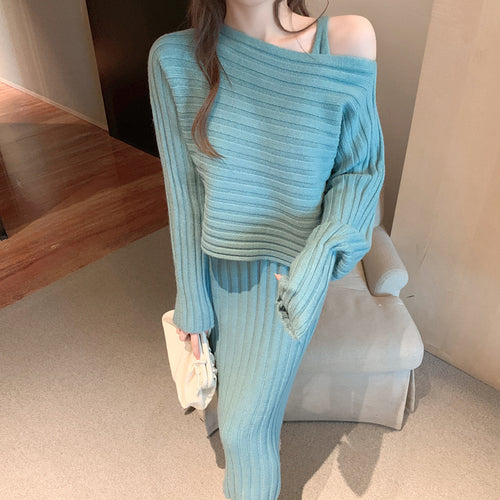 Damen legerer Strickpullover mit asymmetrischem Ausschnitt und Rippstruktur Drune