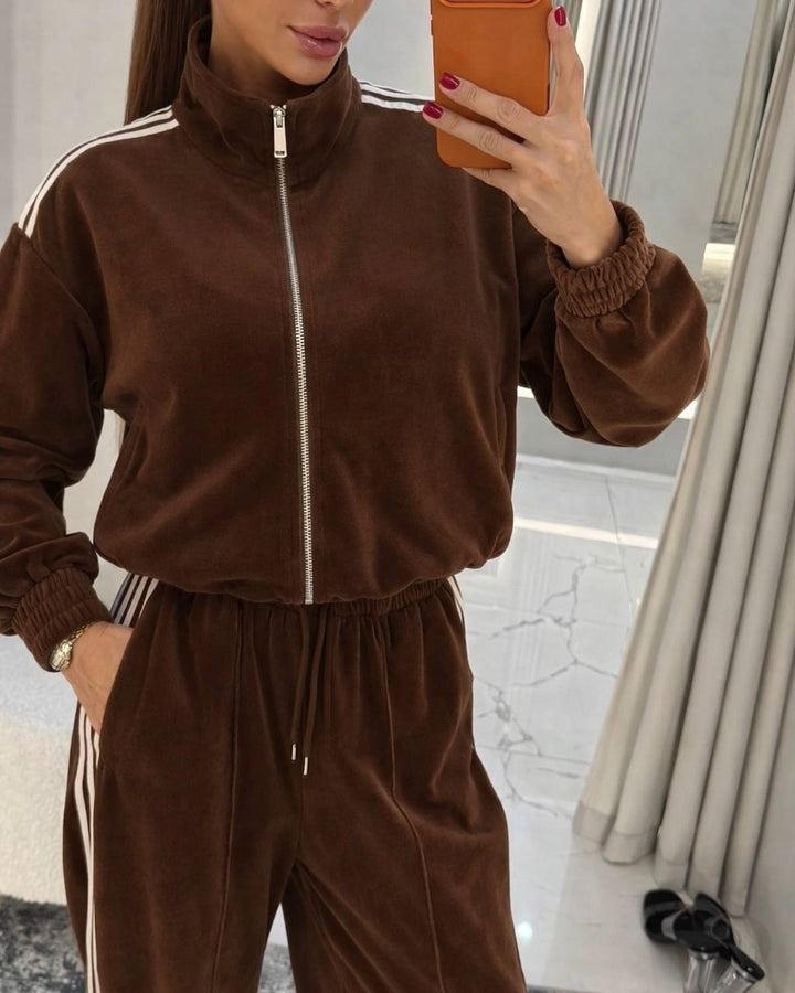 Damen sportlicher Velours-Jogginganzug mit hochgeschlossenem Kragen und elastischem Bund Drune