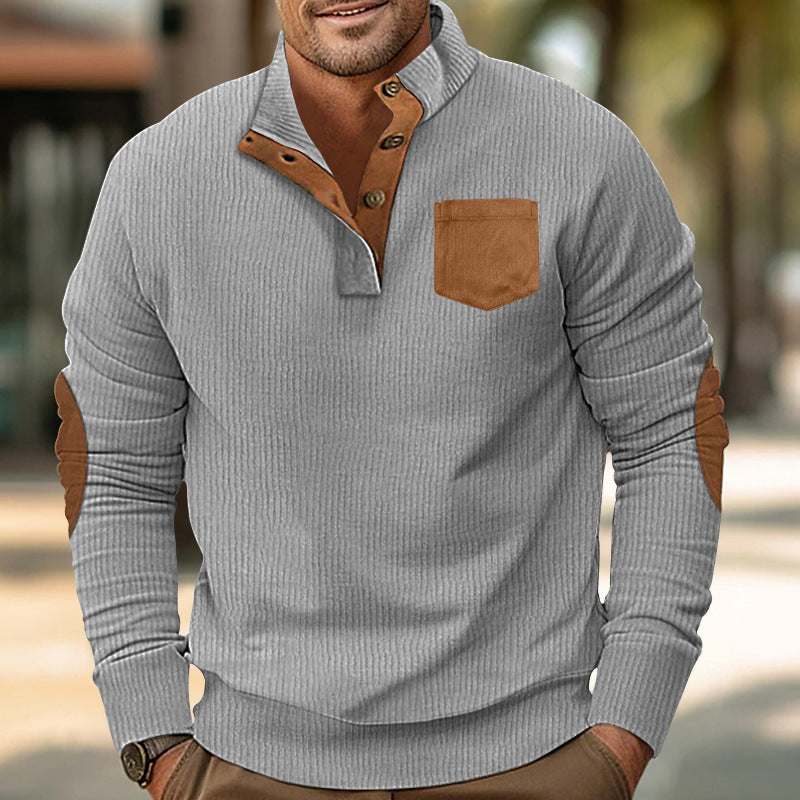 Herren eleganter Strickpullover mit Knopfleiste und kontrastierenden Ellbogenpatches Drune