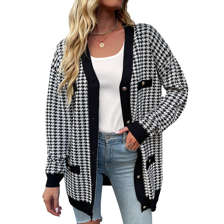 Damen längerer Strickcardigan mit modernem Hahnentritt-Muster und großen Knöpfen Drune