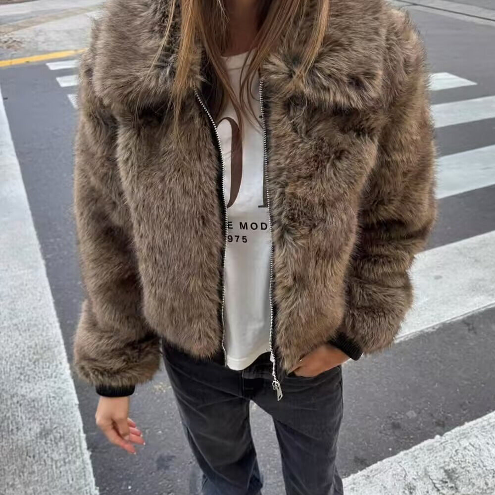 Damen modische Kunstpelzjacke mit asymmetrischem Schnitt Drune