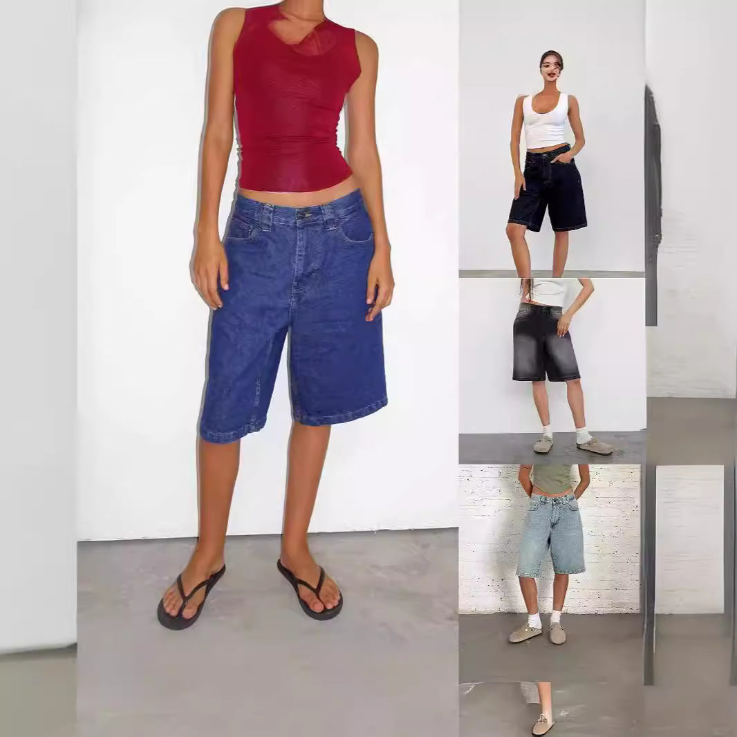 Damen lässige Denim-Shorts mit weitem Schnitt und hohen Seitentaschen Drune