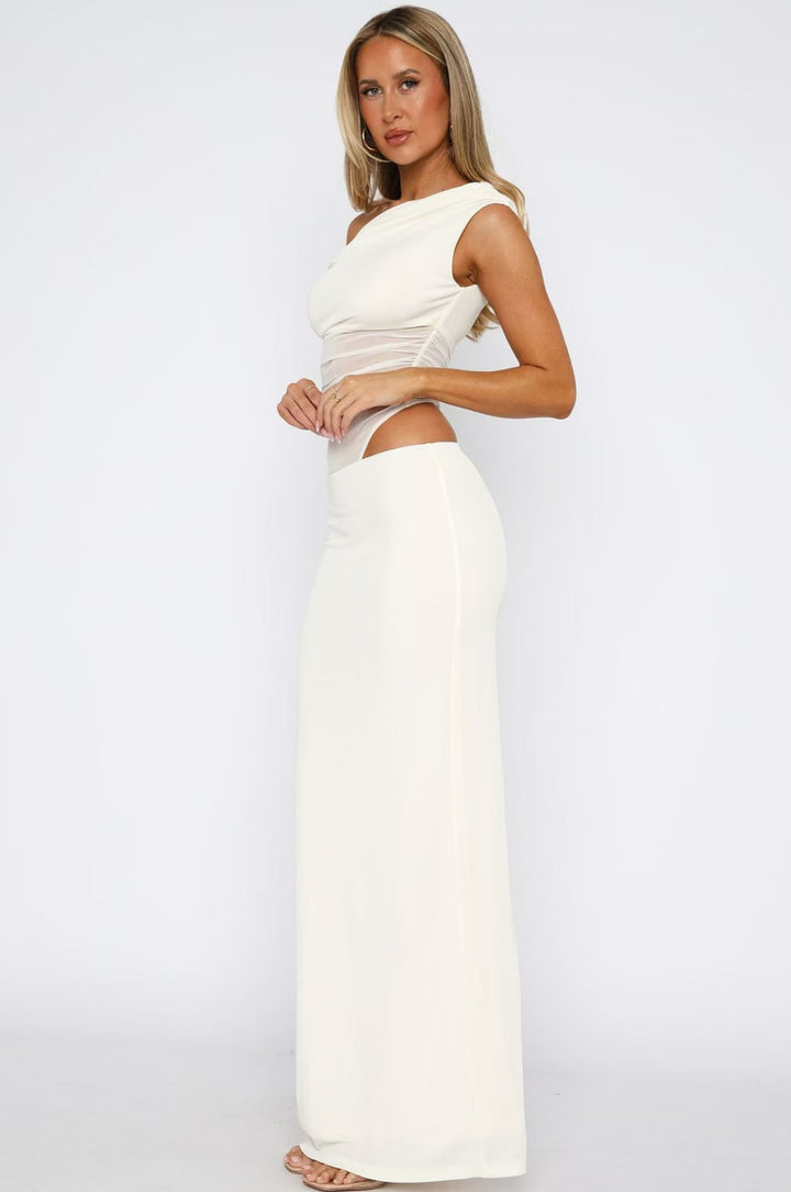 Damen Elegantes Maxikleid mit asymmetrischem Schnitt und transparenten Einsätzen Drune