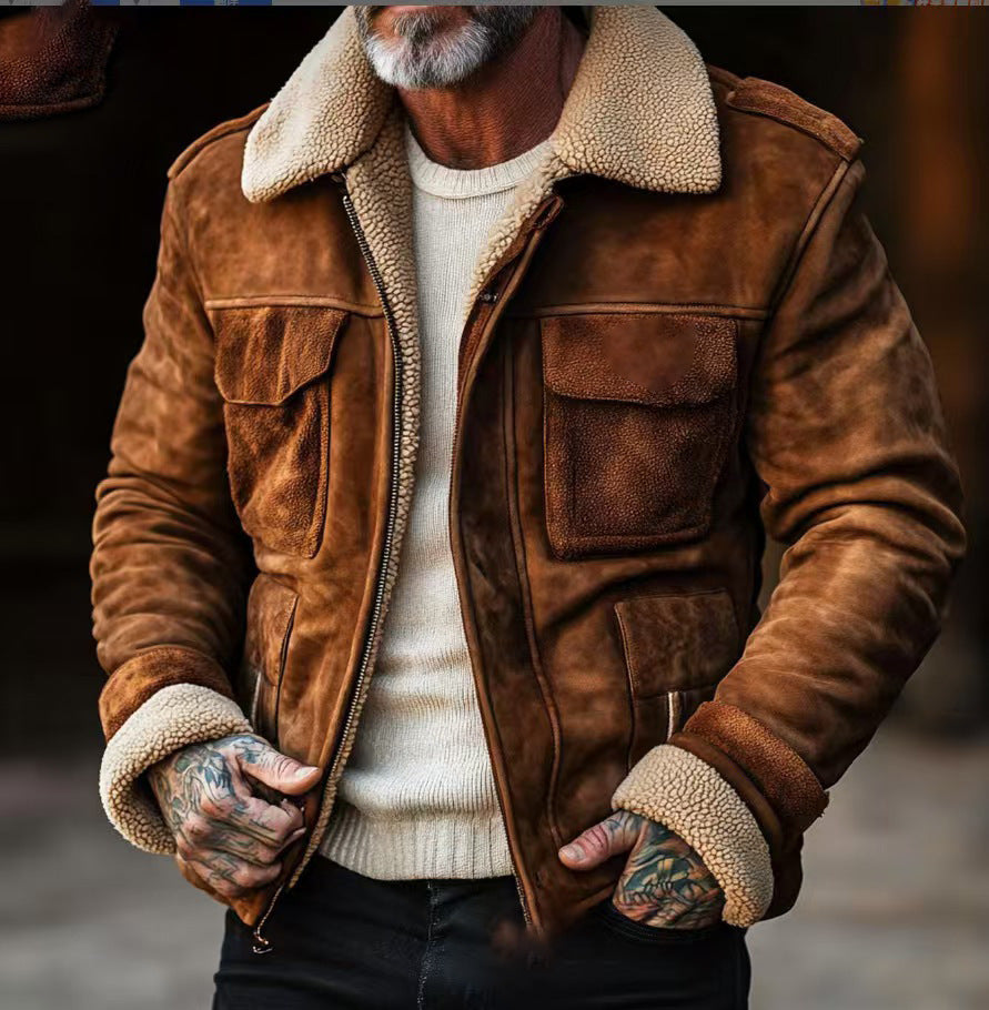 Herren Lederjacke mit warmem Sherpa-Futter und praktischen Taschen Drune