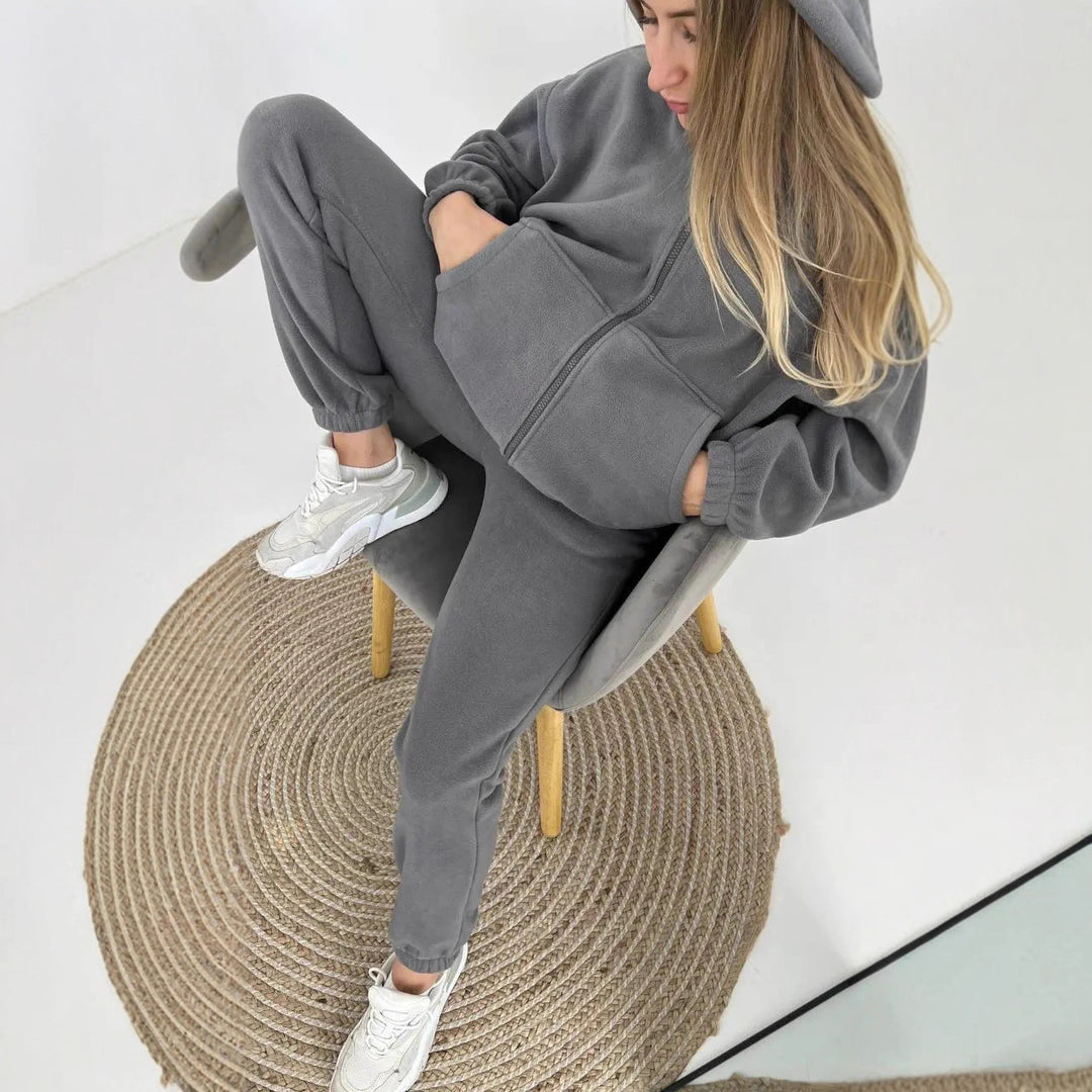 Damen Fleece-Loungewear-Anzug mit Reißverschluss und Kapuze Drune