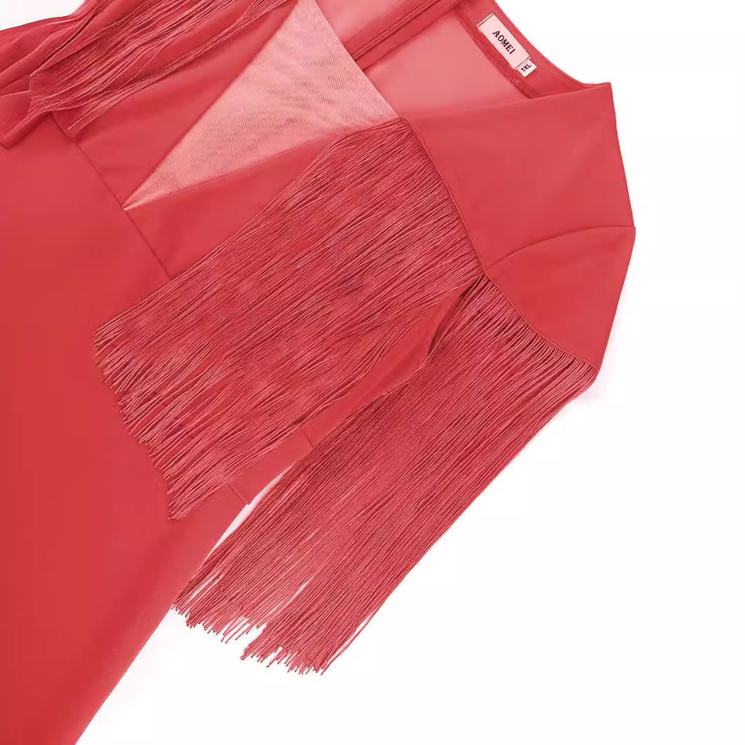 Damen Figurbetontes Kleid mit fransigen Ärmeln Drune