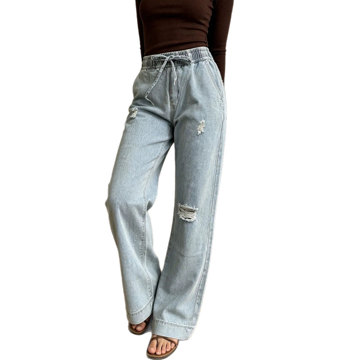 Damen nan weite Denimhose mit elastischem Kordelbund, Used-Effekten und lockerer Passform Drune