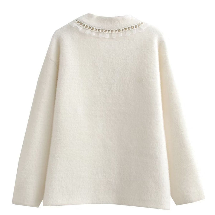Damen modische Strickjacke mit dekorativen Rüschen und perlenverzierten Knopfdetails Drune