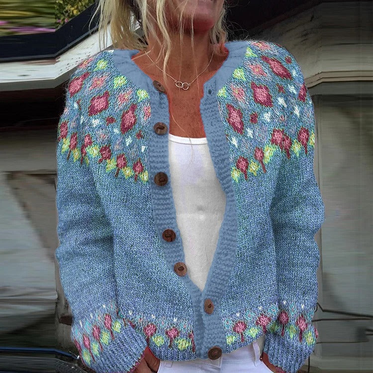 Damen nan gemusterte Strickjacke mit Rundpasse, Holzknöpfen und Eingrifftaschen Drune