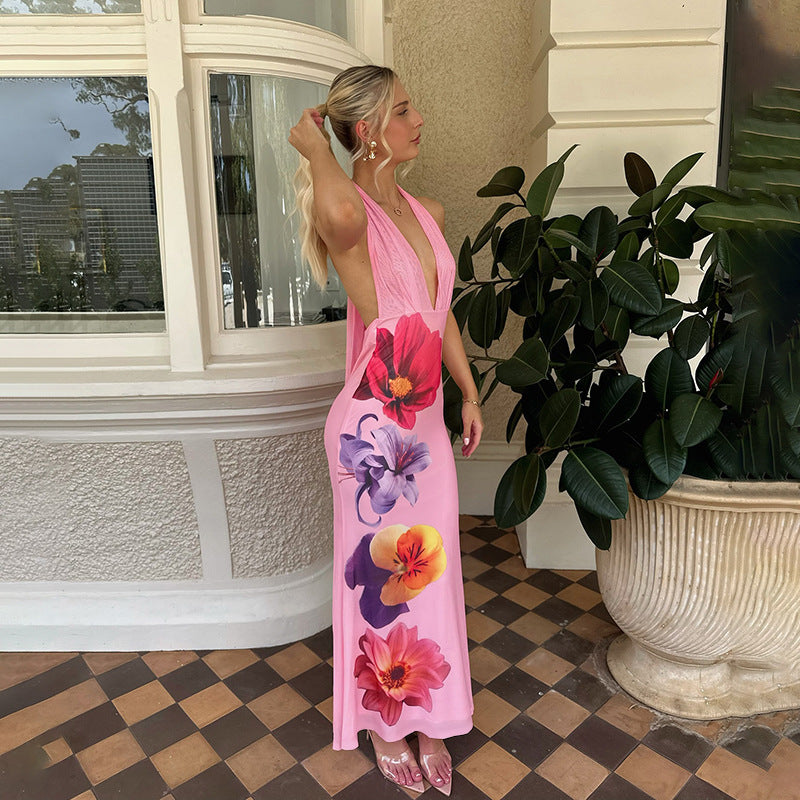 Damen Maxikleid mit tiefem V-Ausschnitt und floralen Akzenten Drune