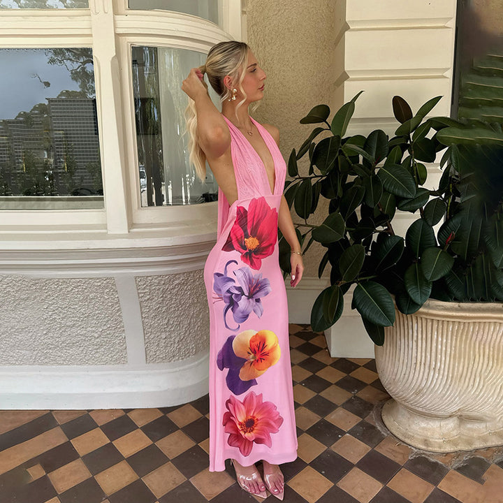 Damen Maxikleid mit tiefem V-Ausschnitt und floralen Akzenten Drune