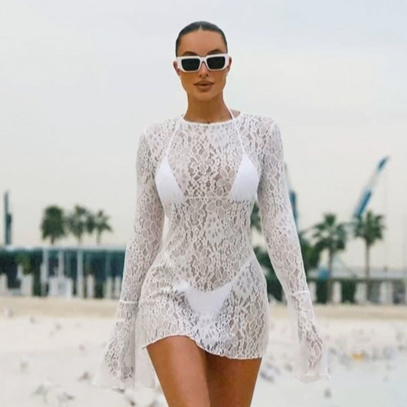 Damen elegantes Spitzen-Strandkleid mit langem Arm und durchscheinendem Design Drune