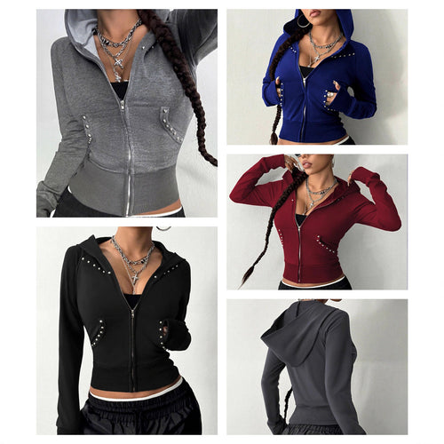 Damen sportliche Kapuzenjacke mit dekorativen Strassdetails Drune