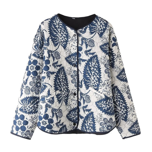 Damen gestepptes Blumenjacke mit innovativen Tasche und Rundhals Drune
