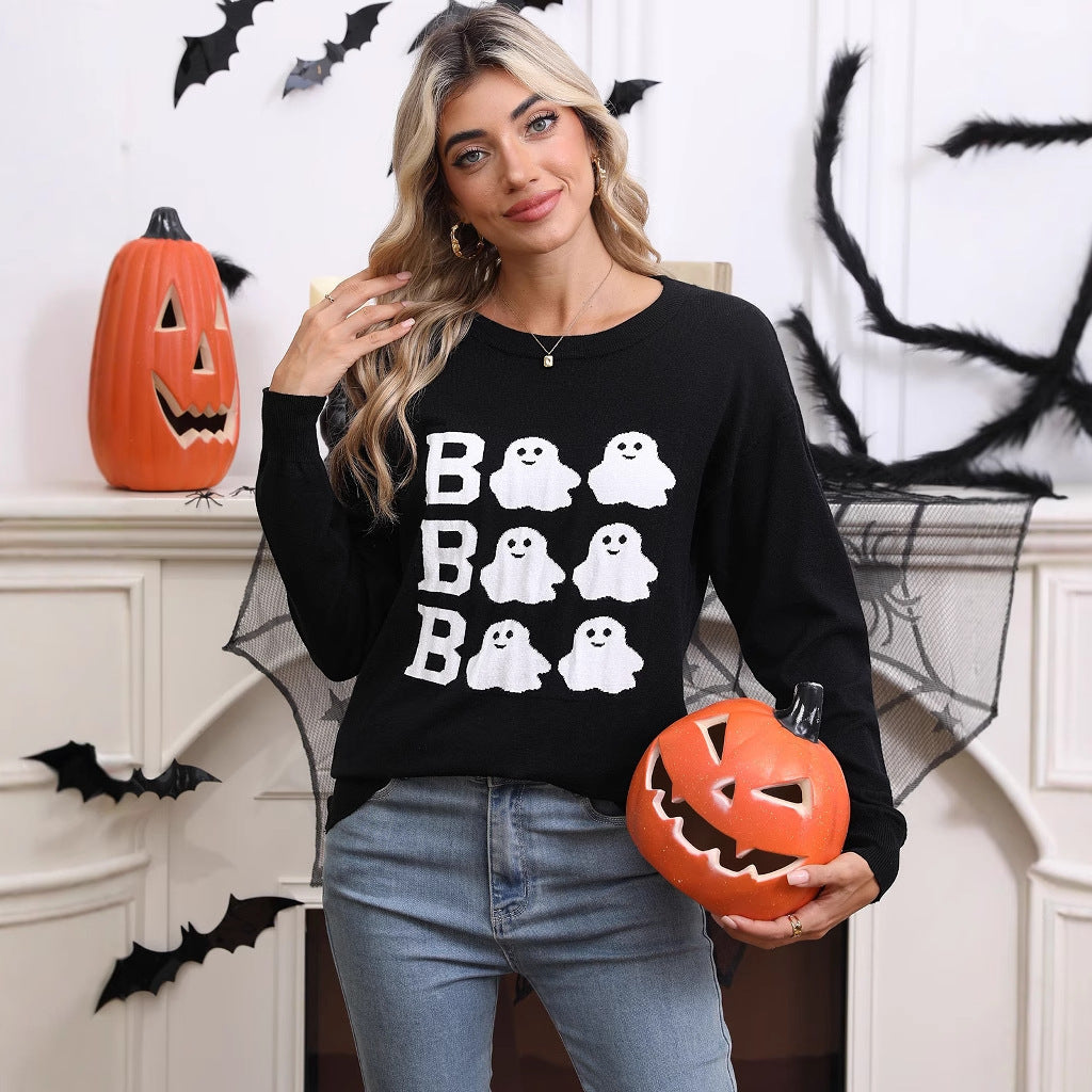 Damen Gestrickter Halloween-Pullover mit Geistermotiv und weitem Schnitt Drune