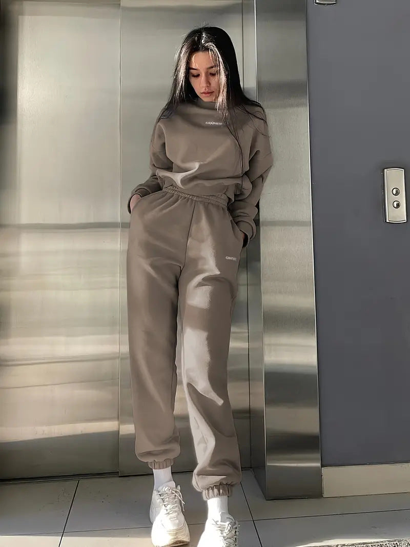 Damen nan Oversized kurz geschnittenes Sweatshirt mit High Waist Fleece Jogginghose Set Drune