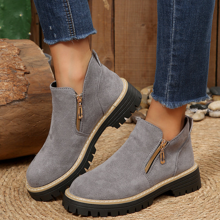 Damen nan knöchelhohe Stiefelette mit dekorativem Reißverschluss gepolstertem Schaft und robuster Profilsohle Drune