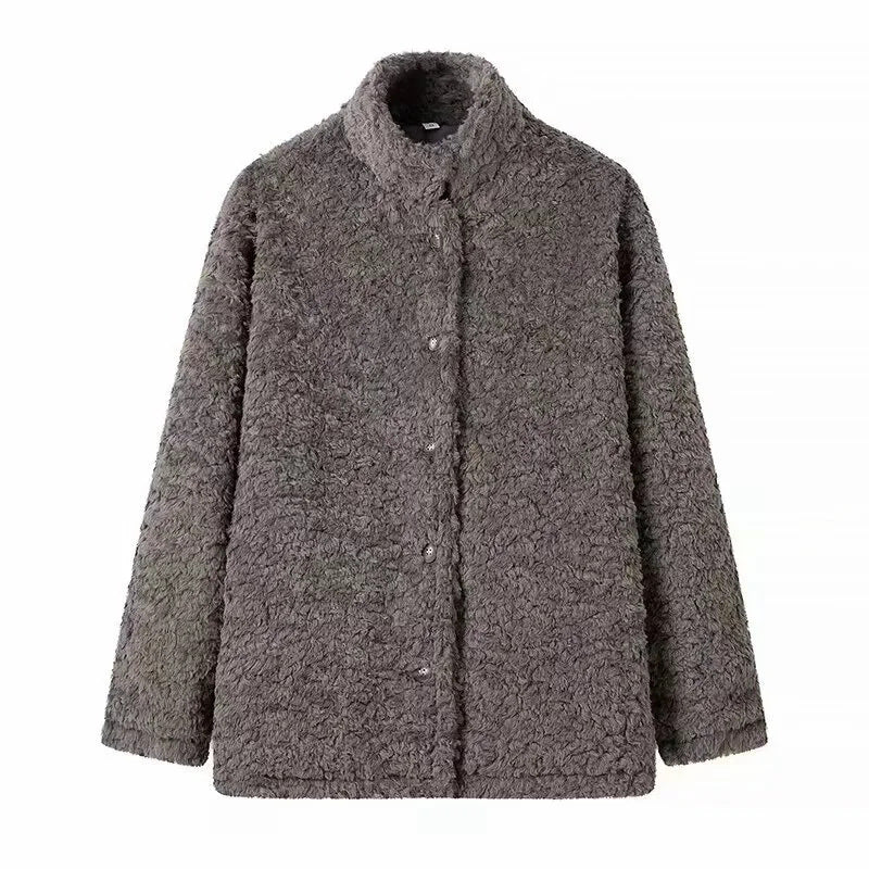 Damen kuschelige Fleecejacke mit hohen Kragen und Druckknopfverschluss Drune