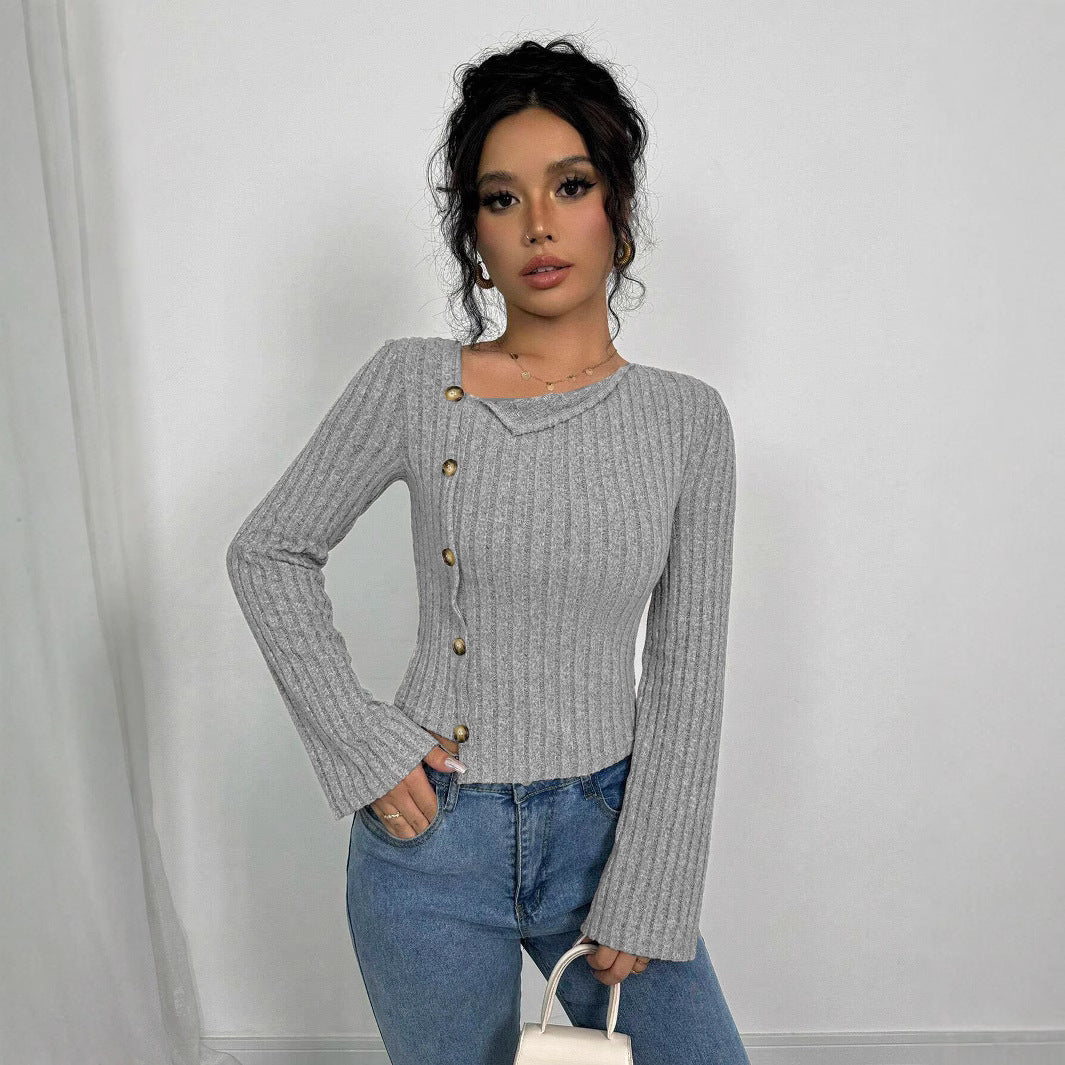 Damen Pullover mit asymmetrischem Ausschnitt und Knopfdetails Drune