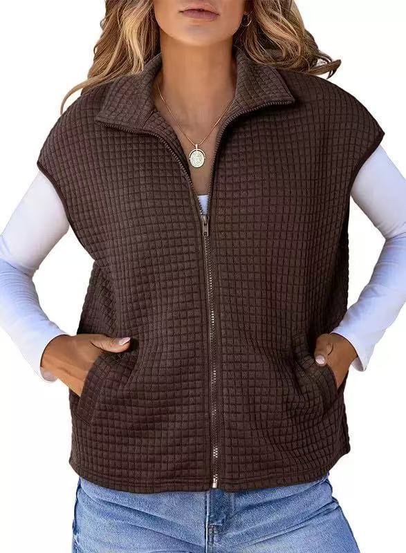 Damen Leichte Waffelstrick Weste mit Taschen und Stehkragen Drune