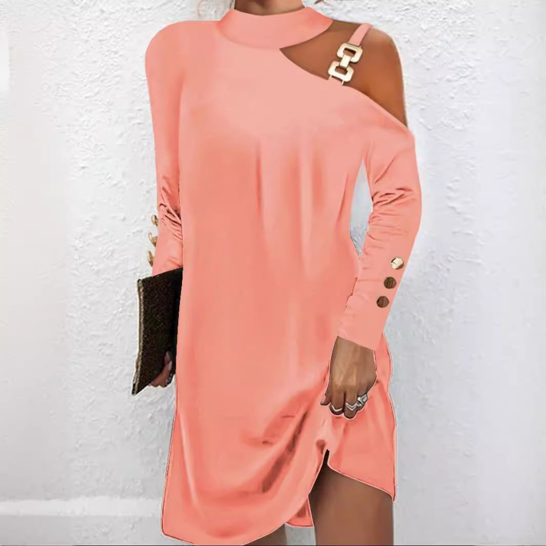 Damen nan asymmetrisches Minikleid mit Stehkragen, Cut-Out-Schulter und Zierkettenträger Drune