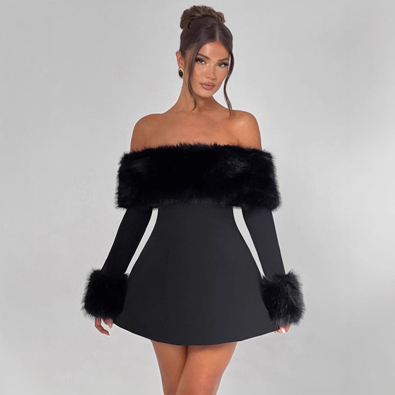 Damen Off-Shoulder Cocktailkleid mit eleganten Flauschesäumen Drune