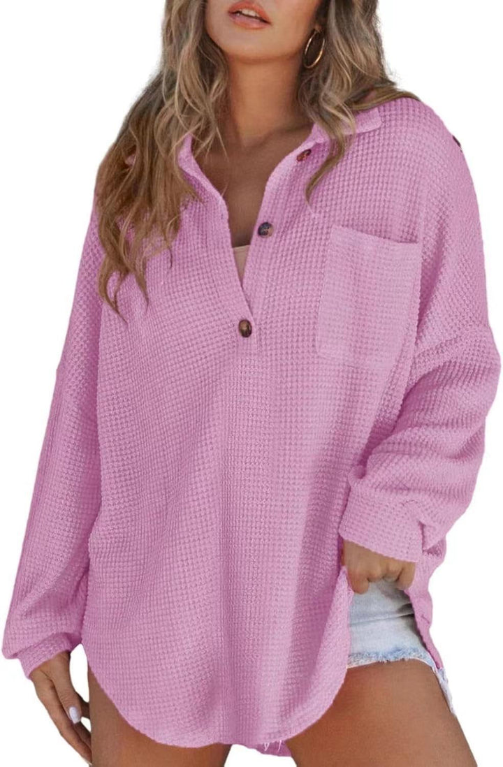 Damen lässiges Waffelstrickoberteil mit Knopfleiste Drune