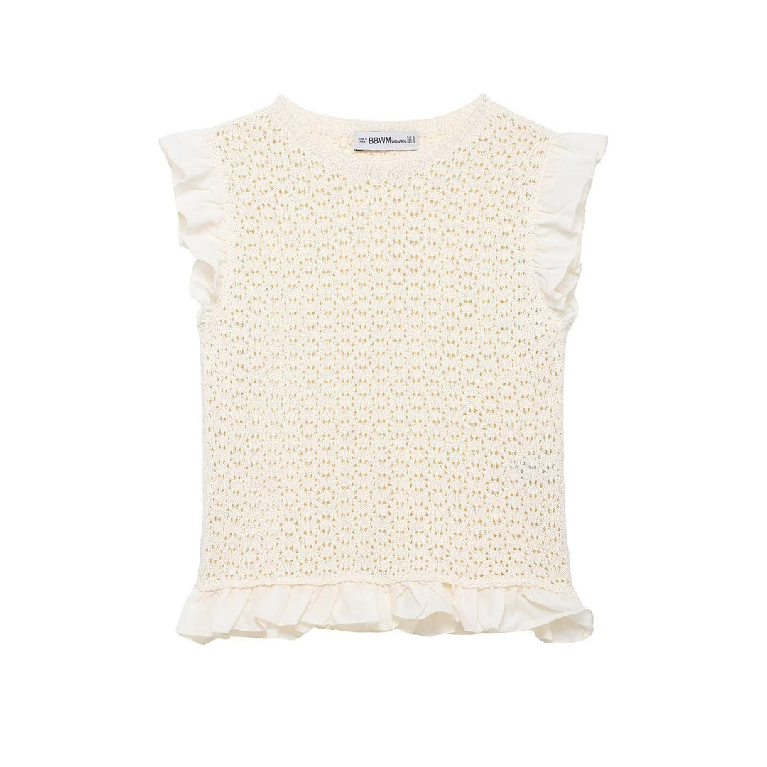 Damen Rüschenshirt mit feiner Lochstickerei und gerafftem Saum Drune